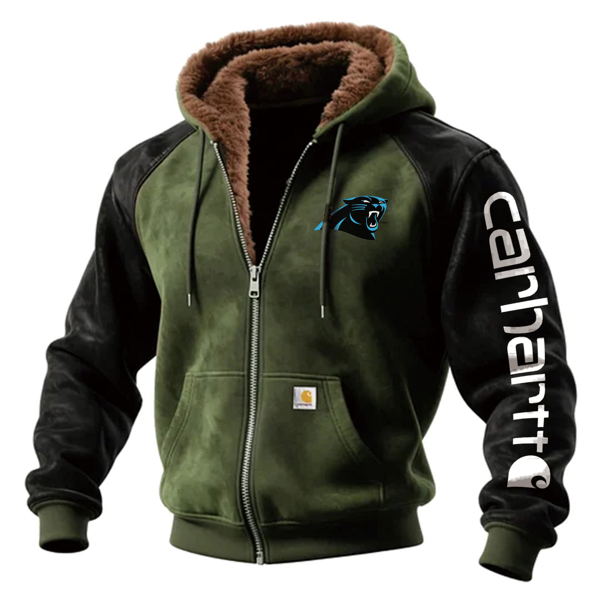 Carolina Panthers Outdoor Men's Casual Fur Collar Retro Zipper Cardigan Suede Jacket