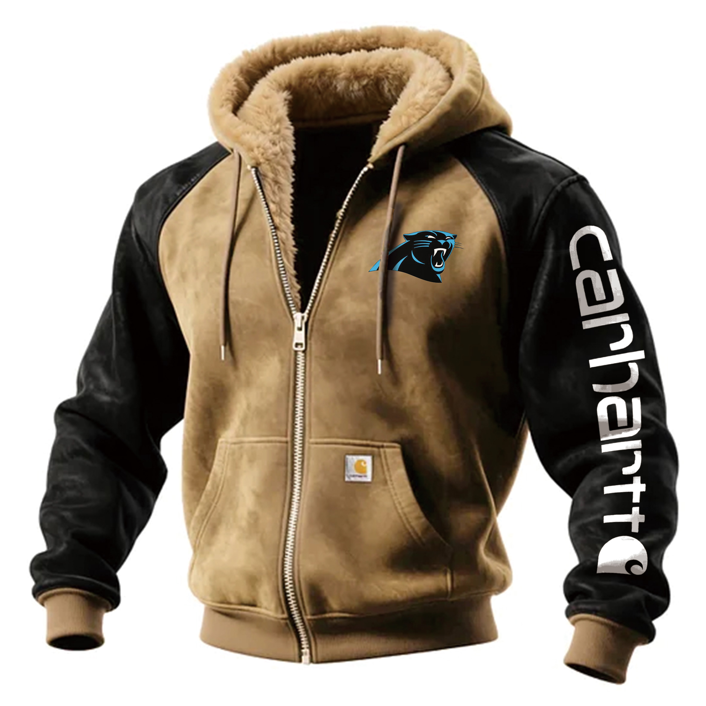 Carolina Panthers Outdoor Men's Casual Fur Collar Retro Zipper Cardigan Suede Jacket