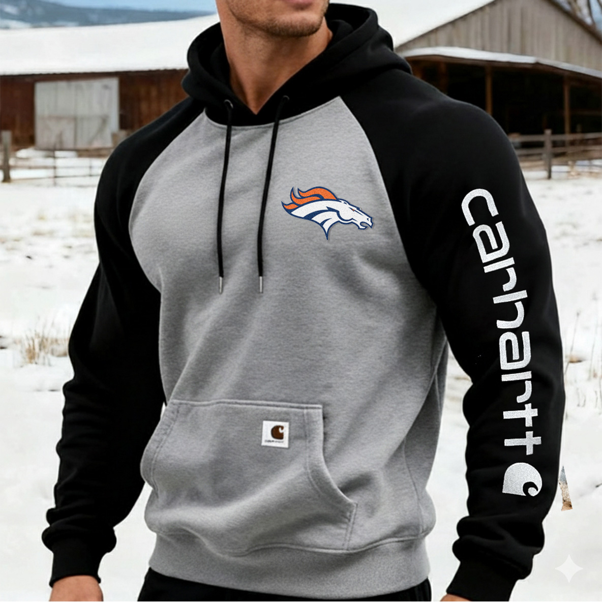 Carhartt×Denver Broncos workwear badge Black and Grey hooded sweatshirt
