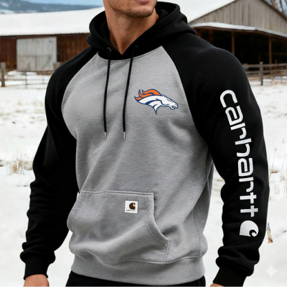 Carhartt×Denver Broncos workwear badge Black and Grey hooded sweatshirt