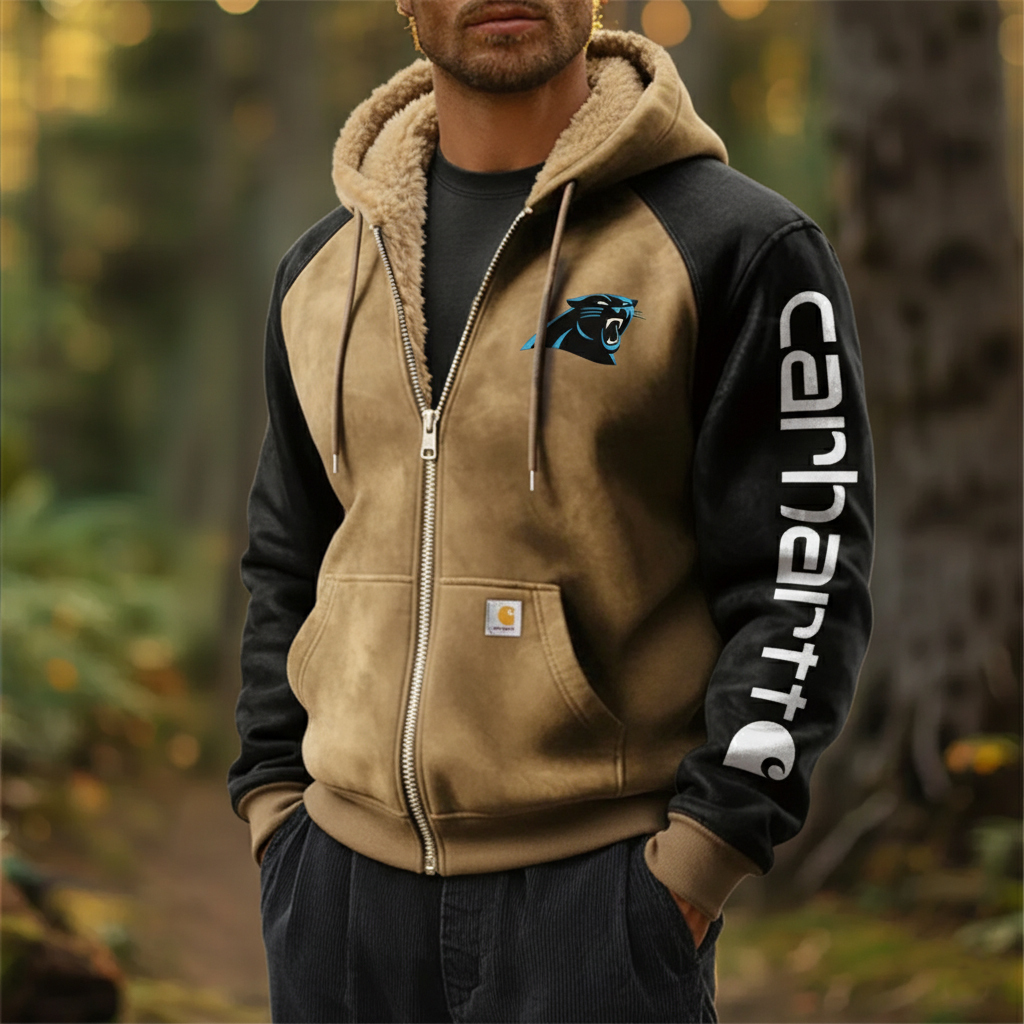 Carolina Panthers Outdoor Men's Casual Fur Collar Retro Zipper Cardigan Suede Jacket