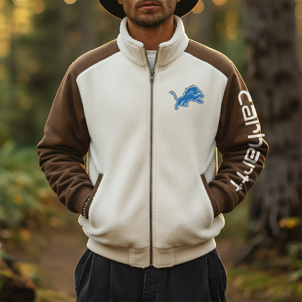 Detroit Lions Men's Retro Hoodie With Color Block Suede Stand Collar Jacket