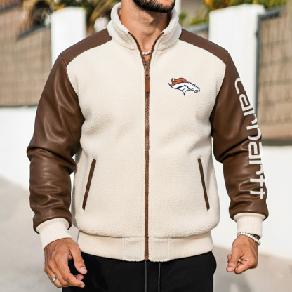 Denver Broncos Men's Retro Hoodie With Color Block Suede Stand Collar Jacket