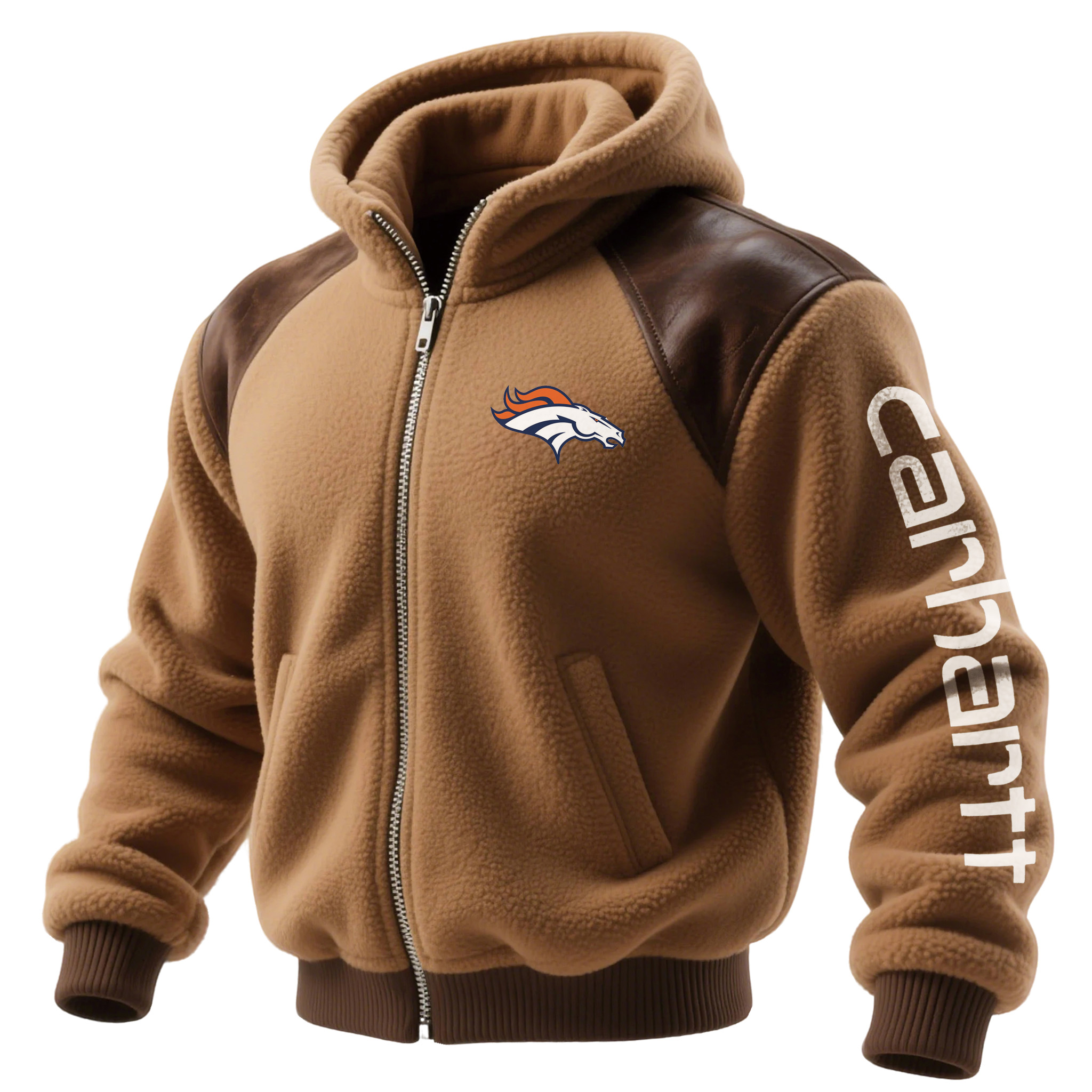 Denver Broncos Retro Fleece Color Block Leather Turtleneck Hooded Jacket