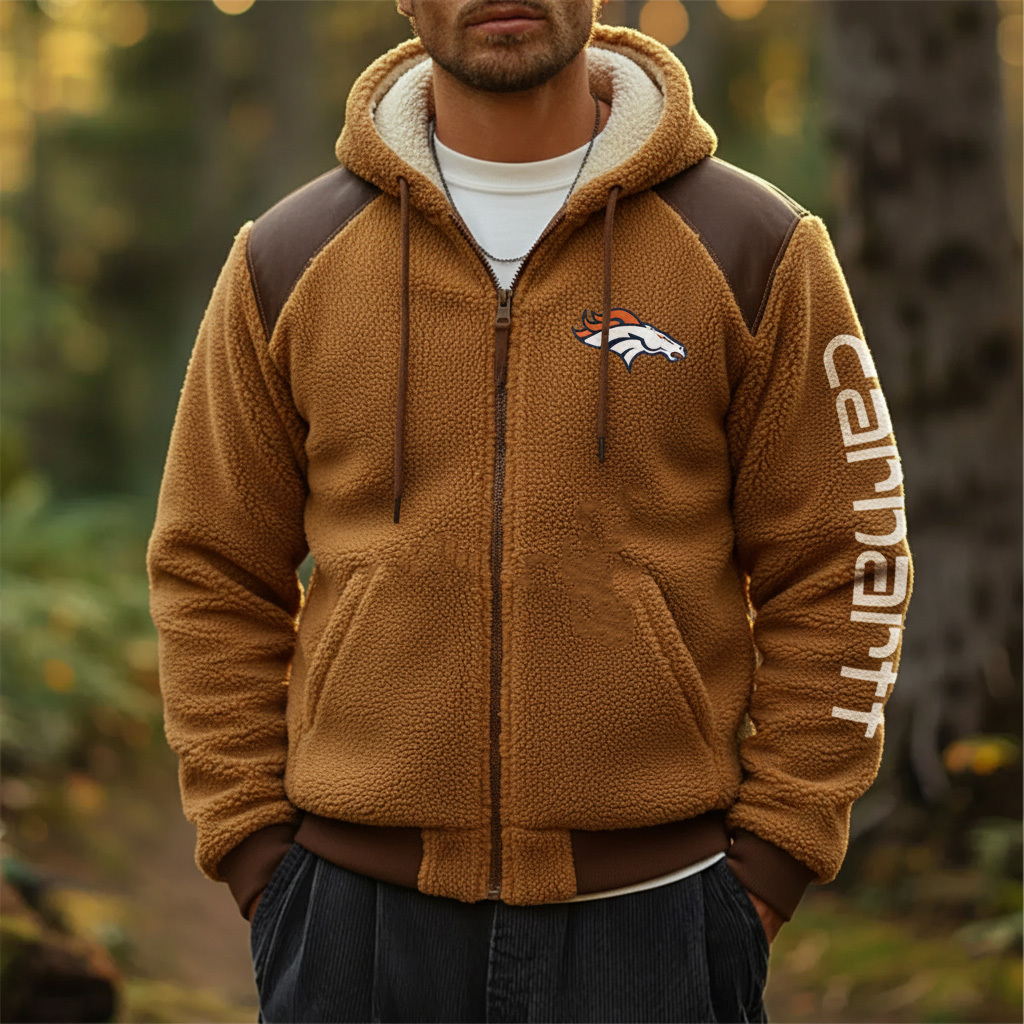 Denver Broncos Retro Fleece Color Block Leather Turtleneck Hooded Jacket