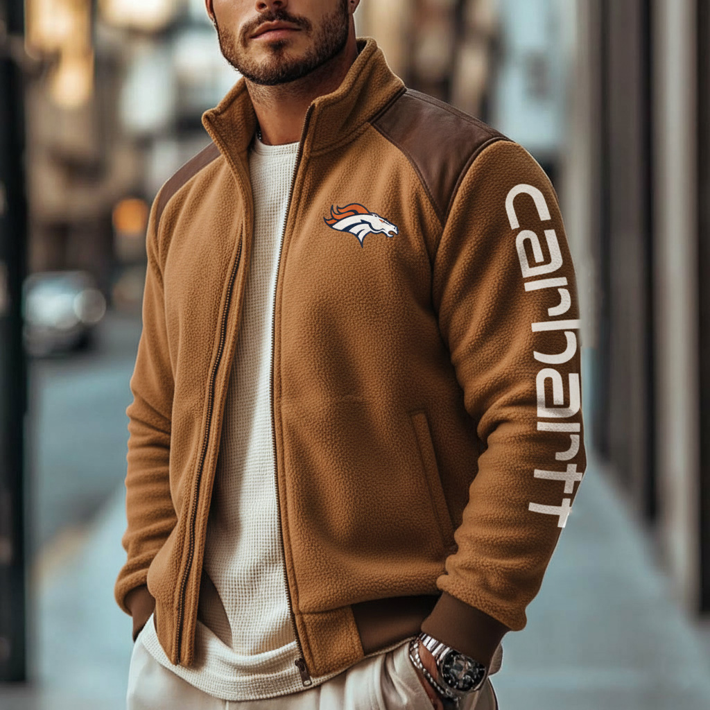 Denver Broncos Retro Fleece Color Block Leather Stand Collar Jacket, Warm Coat