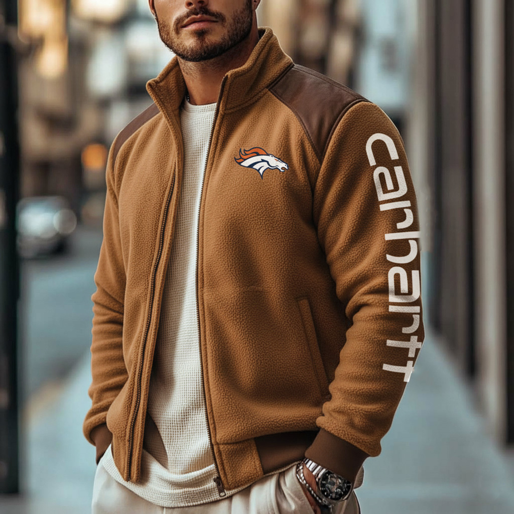 Denver Broncos Retro Fleece Color Block Leather Stand Collar Jacket, Warm Coat