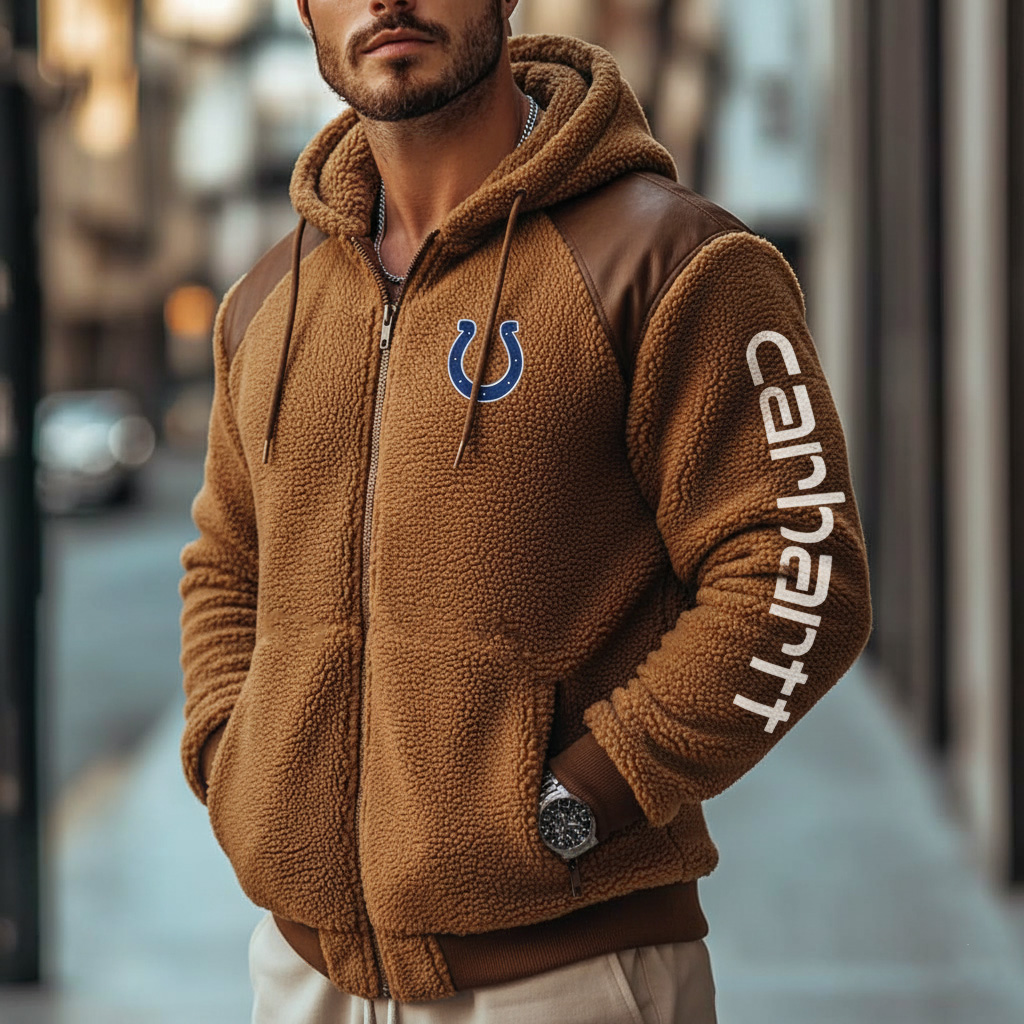 Indianapolis Colts Retro Fleece Color Block Leather Turtleneck Hooded Jacket