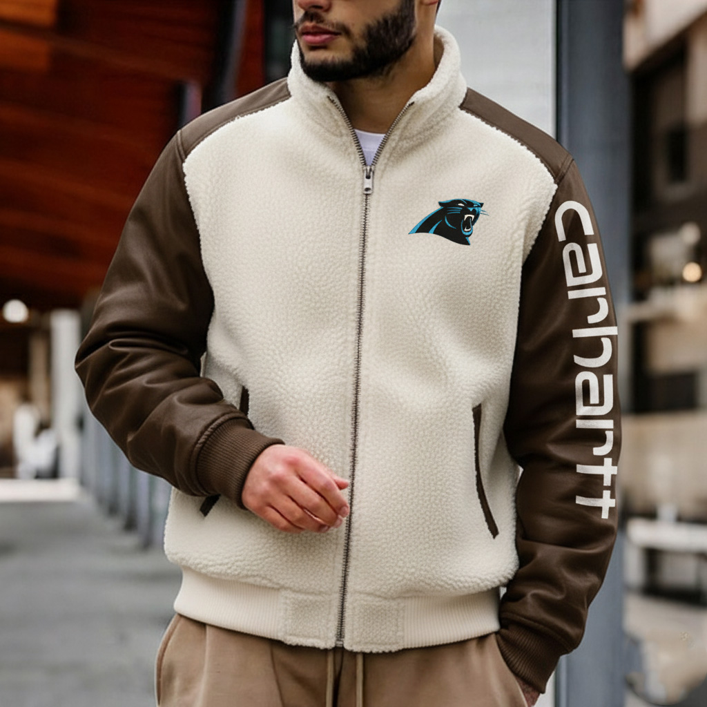 Carolina Panthers Men's Retro Hoodie With Color Block Suede Stand Collar Jacket