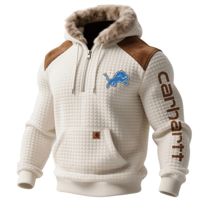 Detroit Lions Men's Retro Western Style Waffle Panel Suede Fur Collar Hooded Sweatshirt