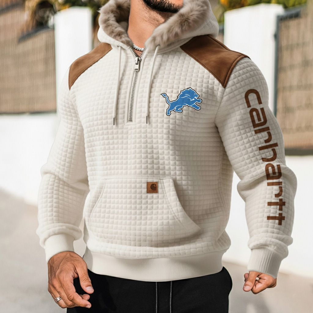 Detroit Lions Men's Retro Western Style Waffle Panel Suede Fur Collar Hooded Sweatshirt