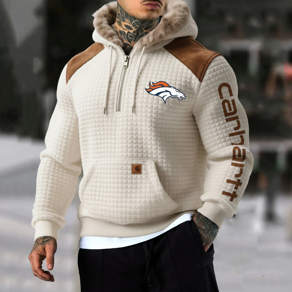 Denver Broncos Men's Retro Western Style Waffle Panel Suede Fur Collar Hooded Sweatshirt