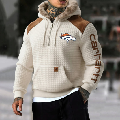 Denver Broncos Men's Retro Western Style Waffle Panel Suede Fur Collar Hooded Sweatshirt