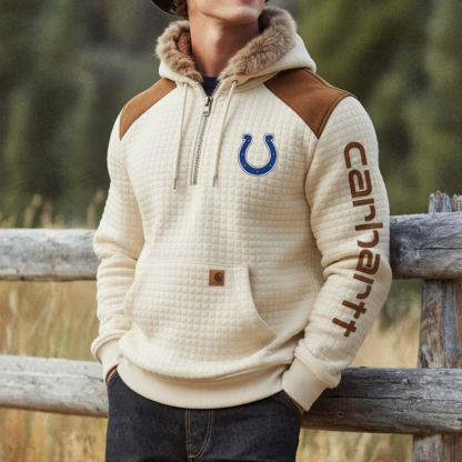 Indianapolis Colts Men's Retro Western Style Waffle Panel Suede Fur Collar Hooded Sweatshirt