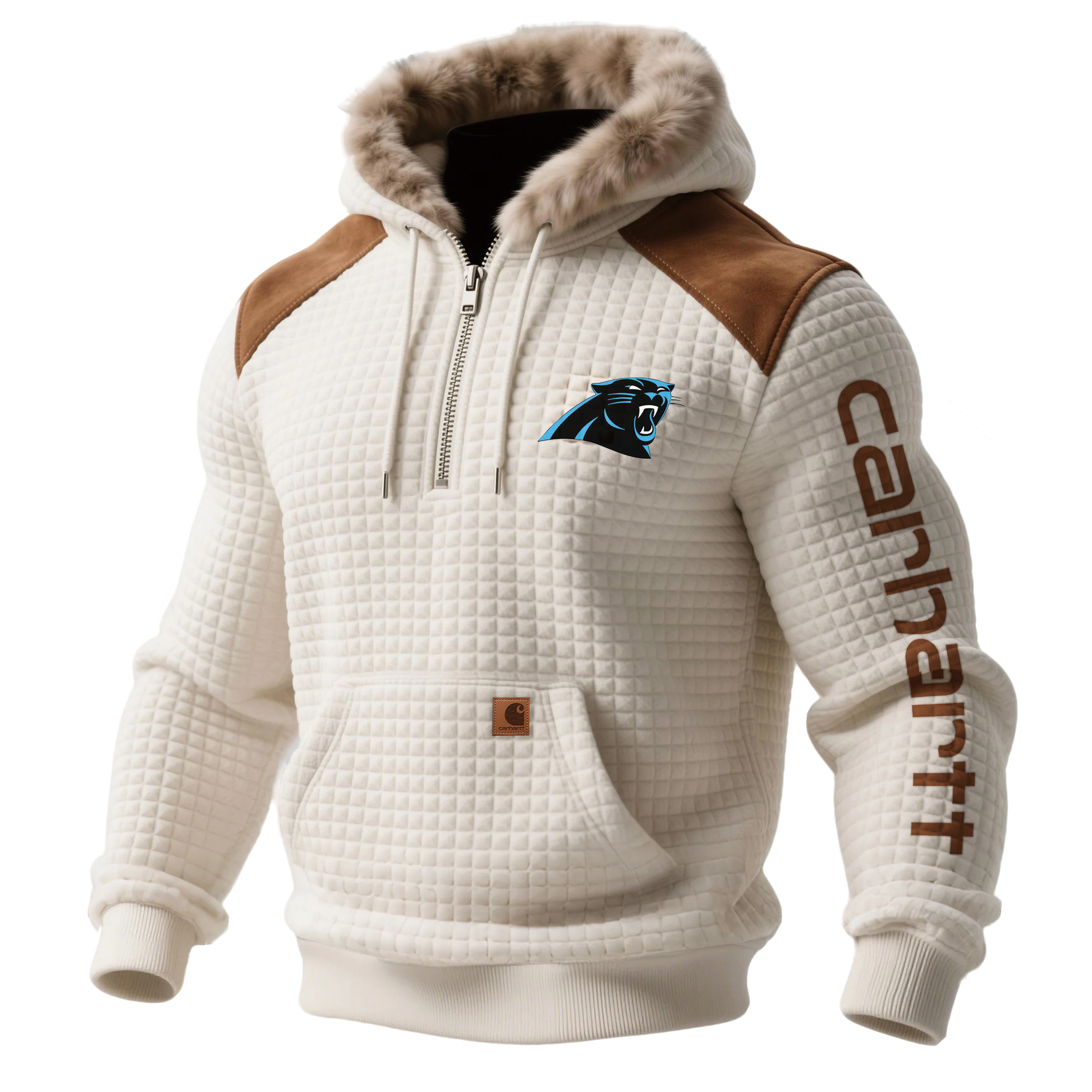 Carolina Panthers Men's Retro Western Style Waffle Panel Suede Fur Collar Hooded Sweatshirt