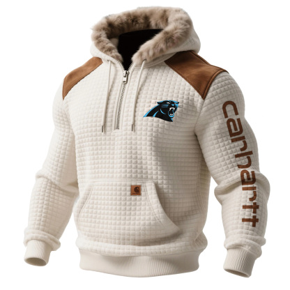 Carolina Panthers Men's Retro Western Style Waffle Panel Suede Fur Collar Hooded Sweatshirt