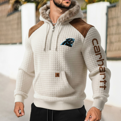 Carolina Panthers Men's Retro Western Style Waffle Panel Suede Fur Collar Hooded Sweatshirt