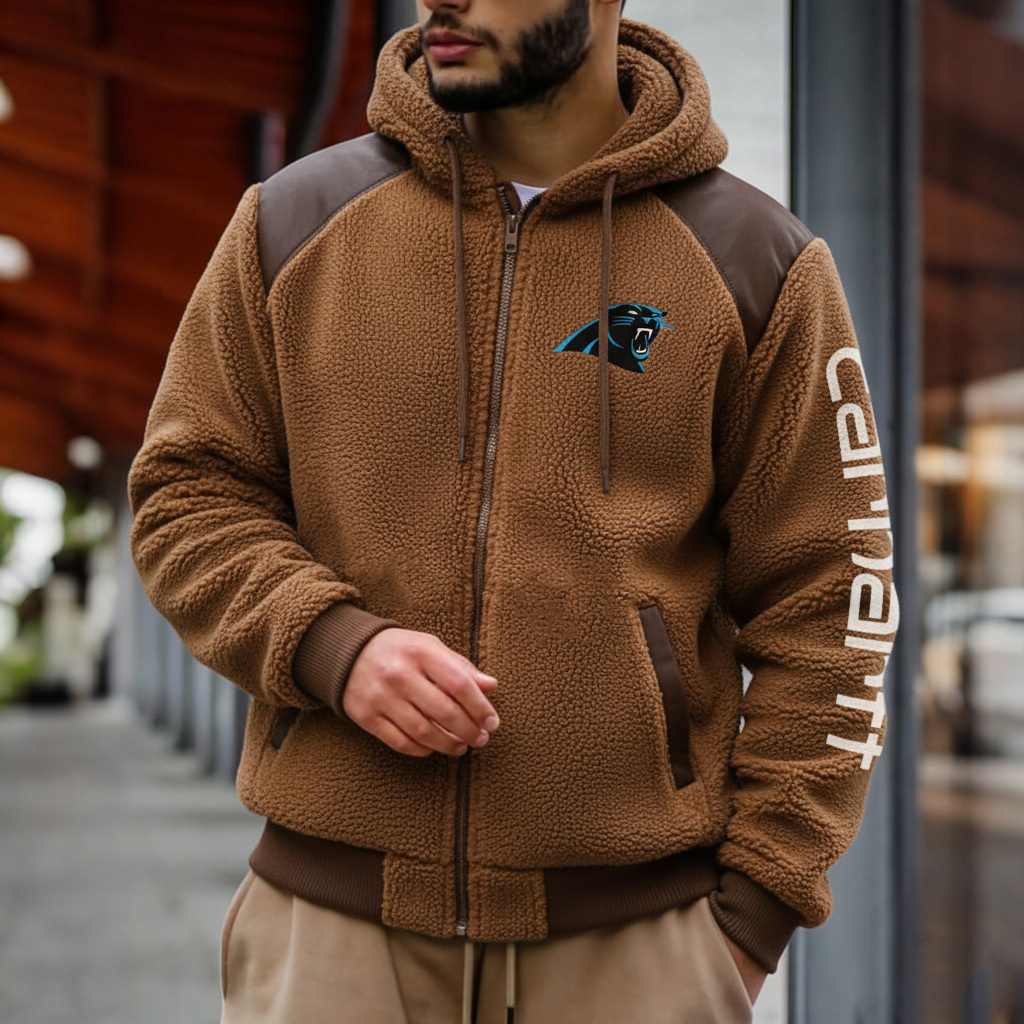 Carolina Panthers Retro Fleece Color Block Leather Turtleneck Hooded Jacket