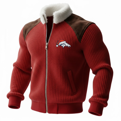 Broncos Men's Retro Hoodie With Color Block Suede Stand Collar, Warm Jacket