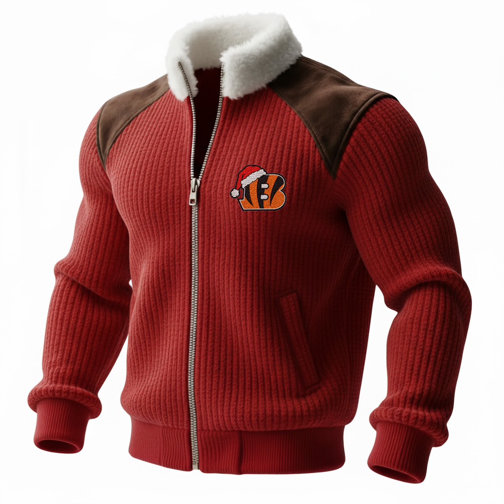 Bengals Men's Retro Hoodie With Color Block Suede Stand Collar, Warm Jacket