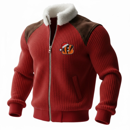 Bengals Men's Retro Hoodie With Color Block Suede Stand Collar, Warm Jacket