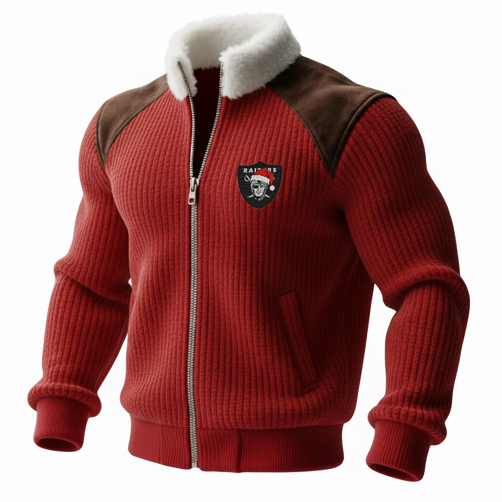 Raiders Men's Retro Hoodie With Color Block Suede Stand Collar, Warm Jacket