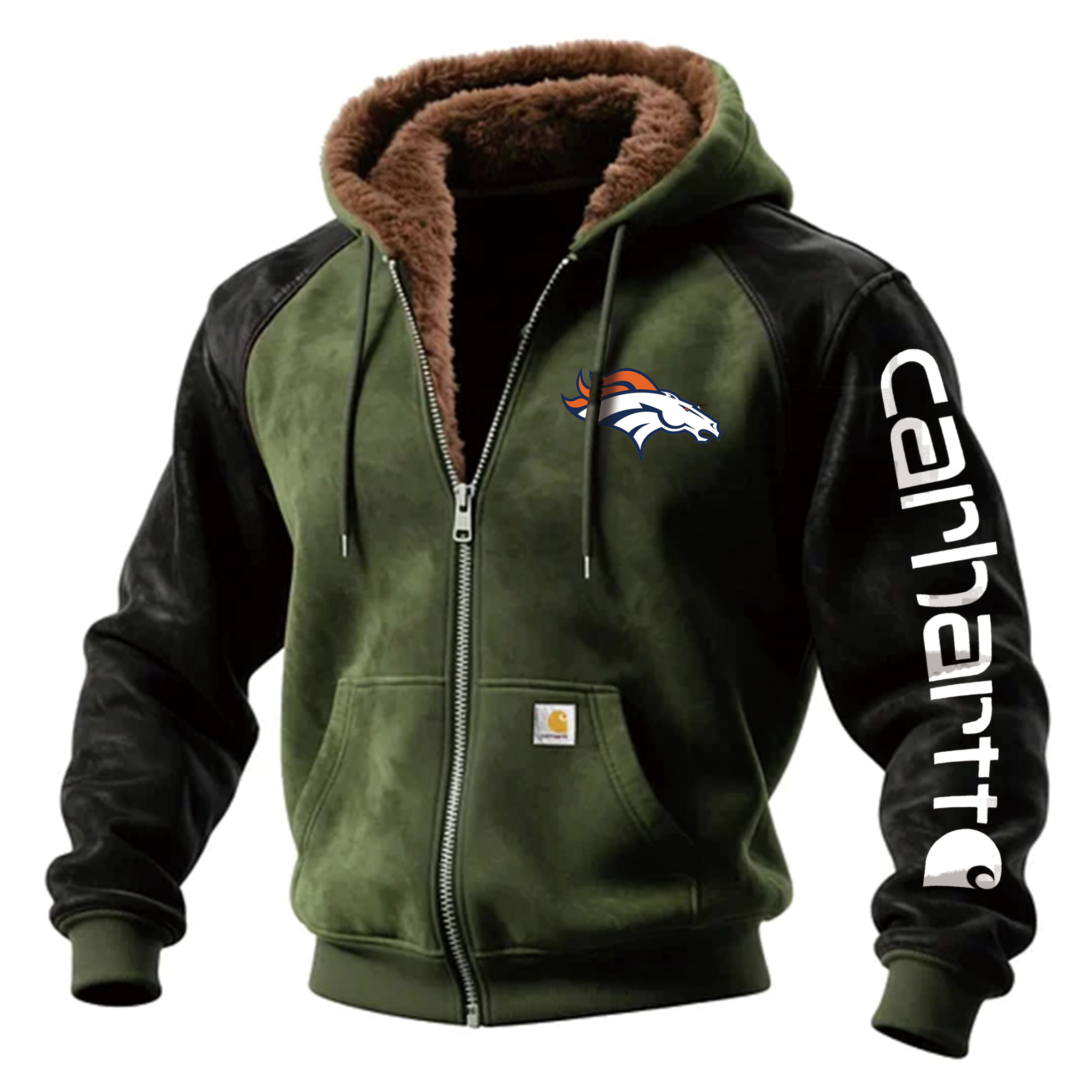 Denver Broncos Outdoor Men's Casual Fur Collar Retro Zipper Cardigan Suede Jacket