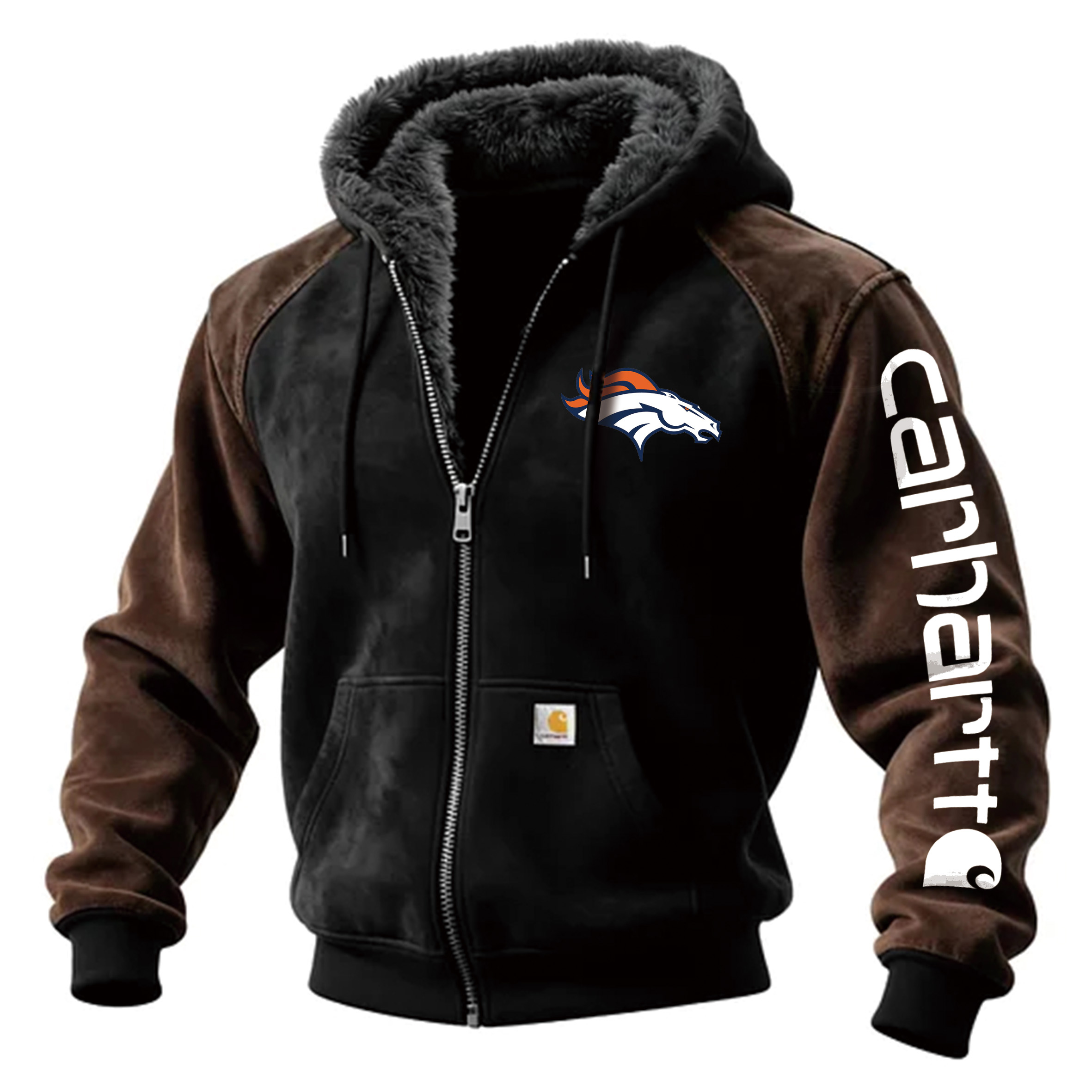 Denver Broncos Outdoor Men's Casual Fur Collar Retro Zipper Cardigan Suede Jacket