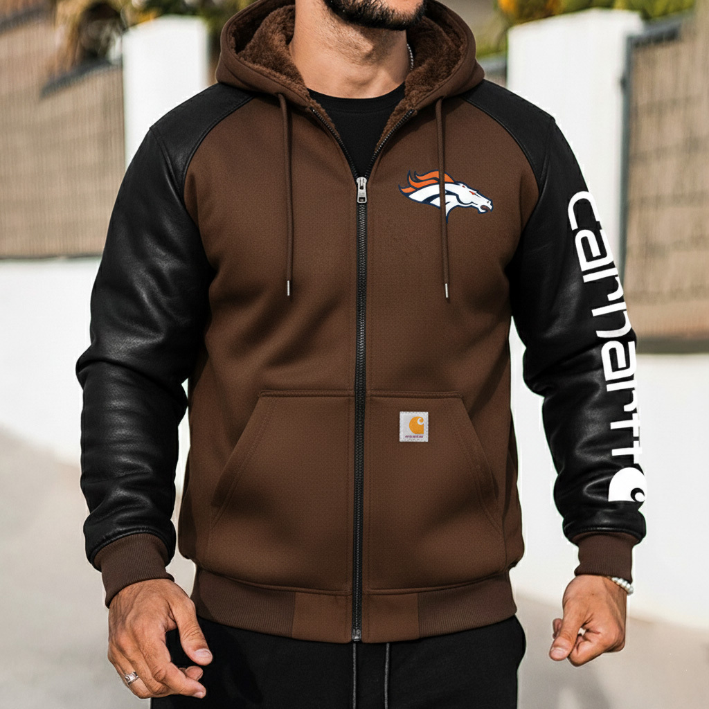 Denver Broncos Outdoor Men's Casual Fur Collar Retro Zipper Cardigan Suede Jacket