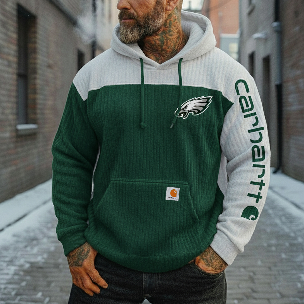 Vintage Green and Gray Corduroy Patchwork Hoodie