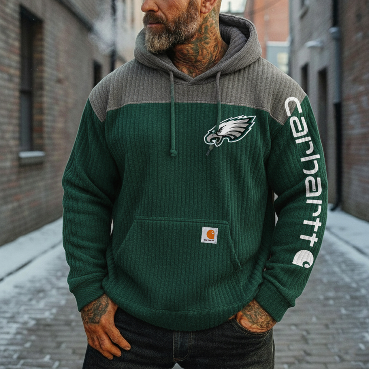 Vintage Green and Gray Corduroy Patchwork Hoodie