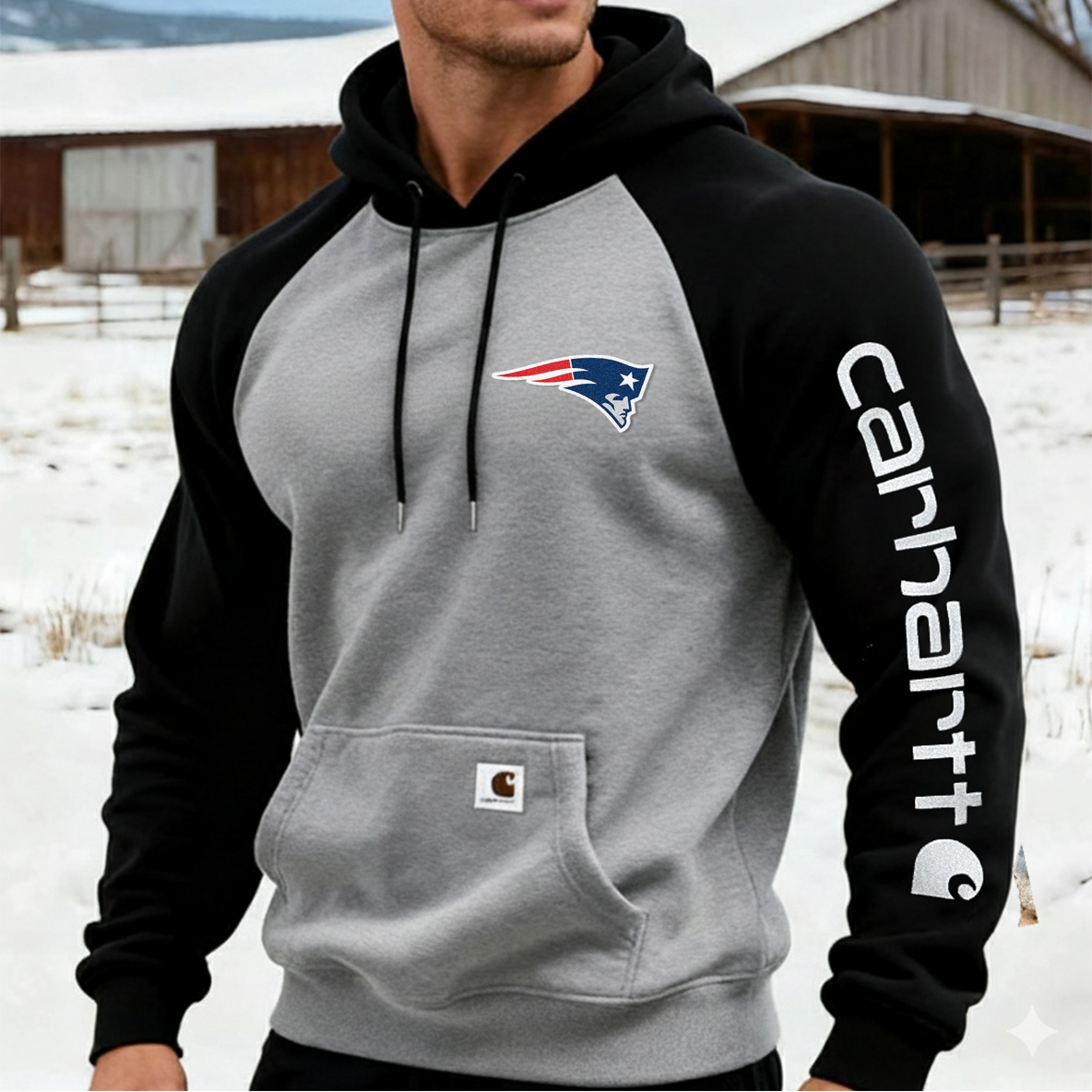 Carhartt×New England Patriots workwear badge Black and Grey hooded sweatshirt