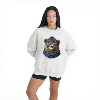 Women's gray cartoon bear gray round-neck hoodie casual sports hoodie