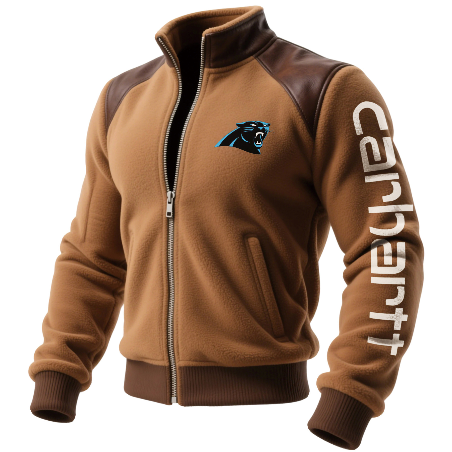 Carolina Panthers Retro Fleece Color Block Leather Stand Collar Jacket, Warm Coat
