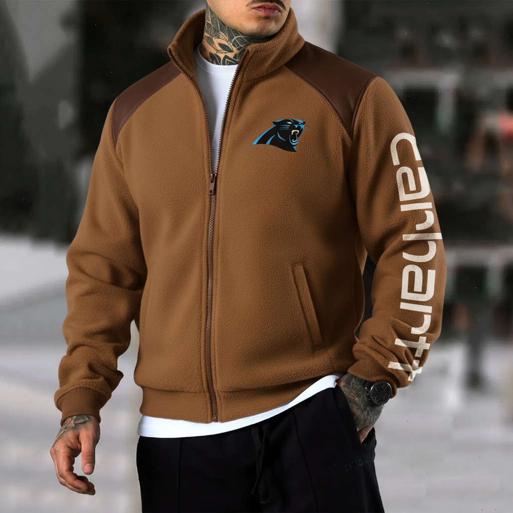 Carolina Panthers Retro Fleece Color Block Leather Stand Collar Jacket, Warm Coat
