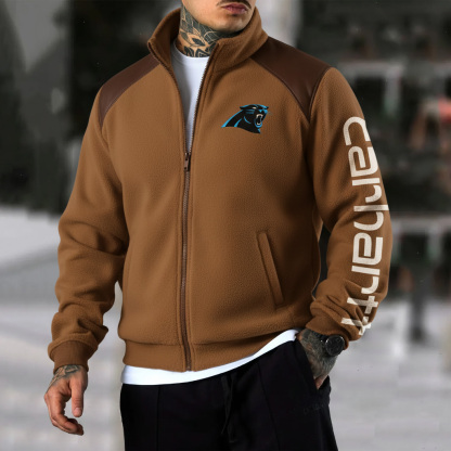 Carolina Panthers Retro Fleece Color Block Leather Stand Collar Jacket, Warm Coat