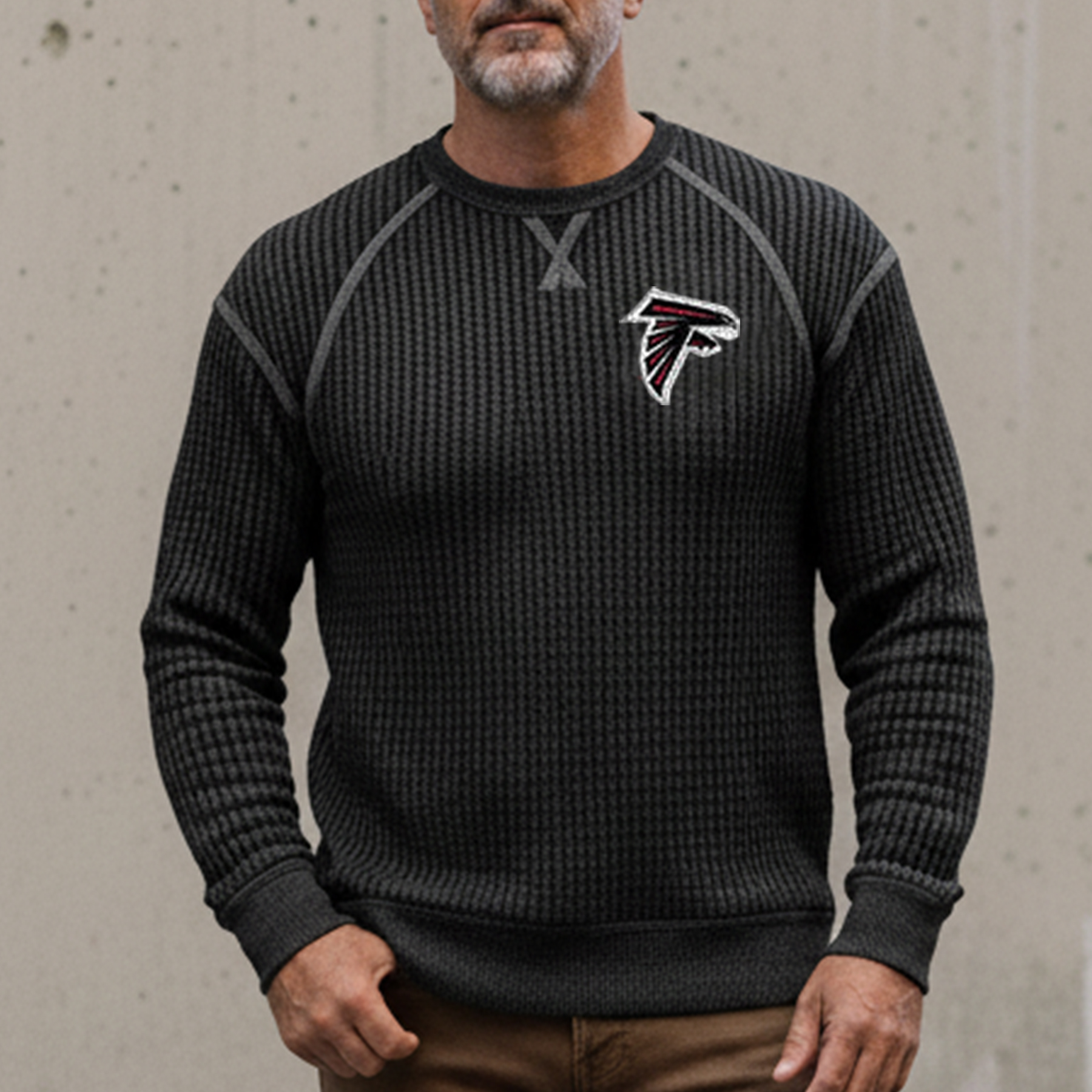 Men's Vintage Atlanta Falcons Western Cowboy Waffle Knit Crew Neck Long Sleeve Sweatshirt