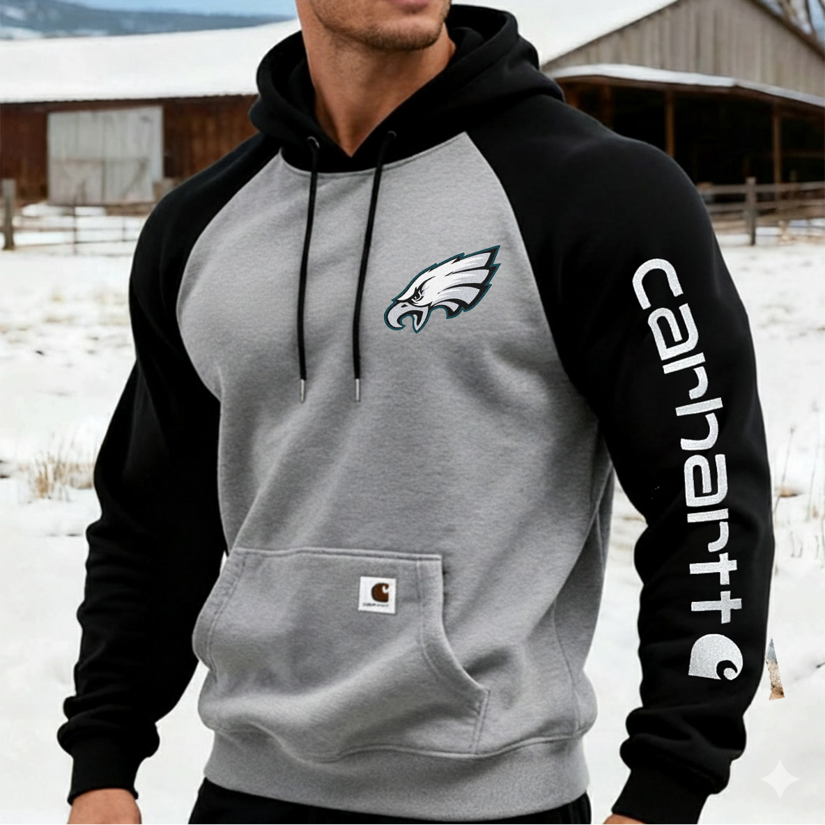 Carhartt×Philadelphia Eagles workwear badge Black and Grey hooded sweatshirt