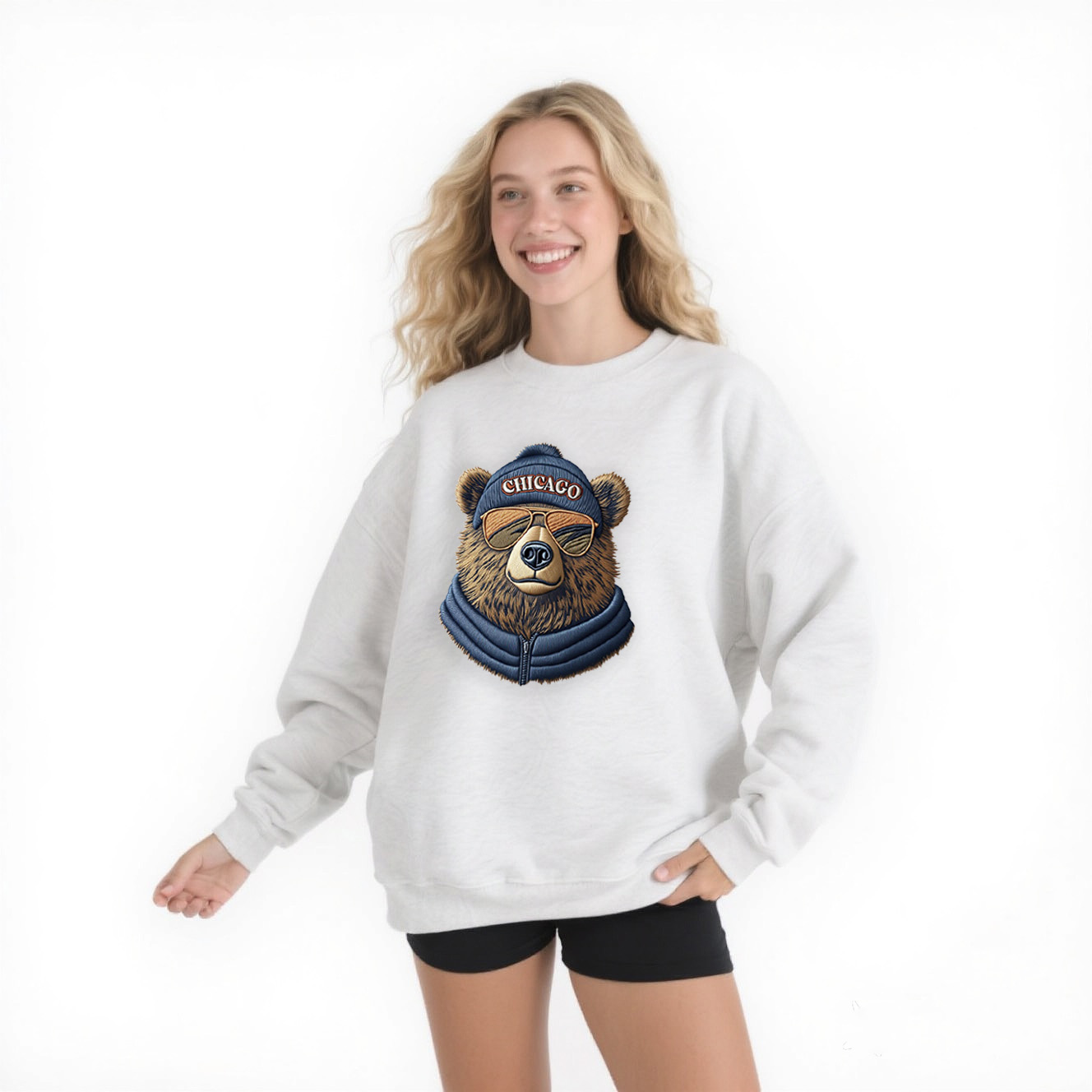 Women's gray cartoon bear gray round-neck hoodie casual sports hoodie