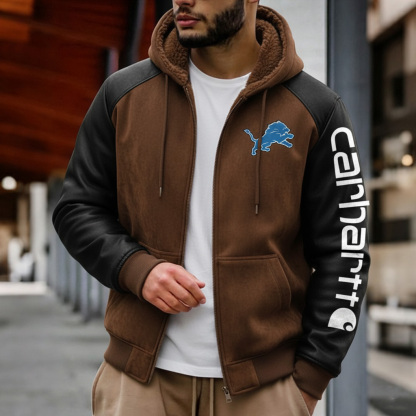 Detroit Lions Outdoor Men's Casual Fur Collar Retro Zipper Cardigan Suede Jacket