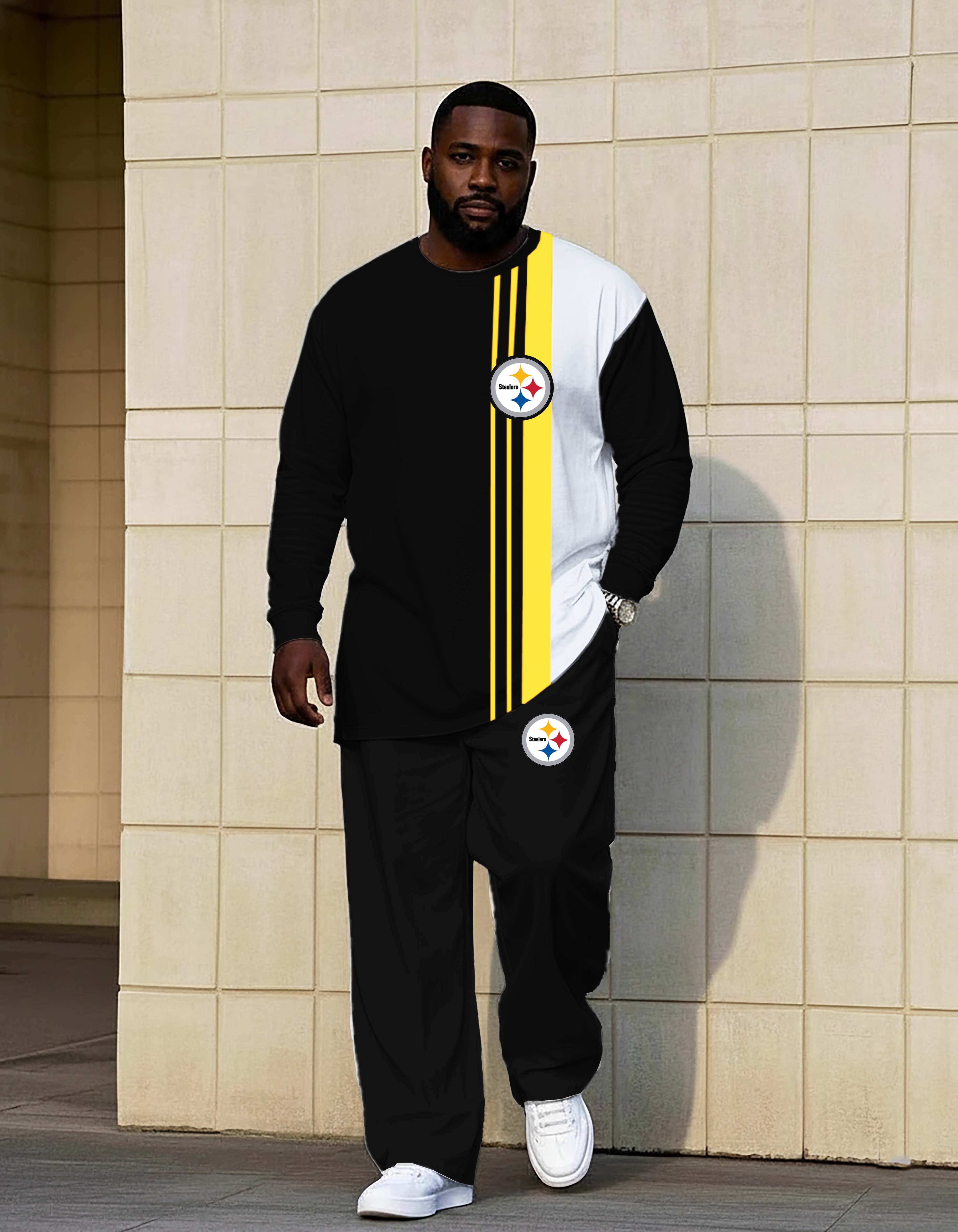 Black and Yellow Split Design Hardknock Pants Hoodie Set