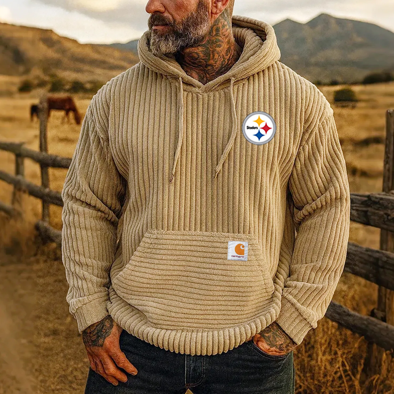 Carhartt × Pittsburgh Steelers co-branded corduroy hoodie