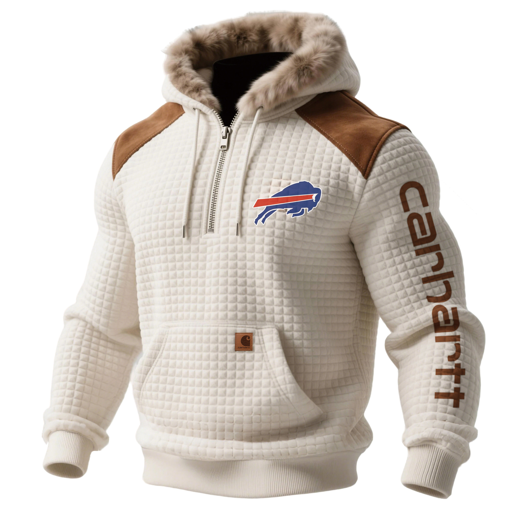 Buffalo Bills Men's Retro Western Style Waffle Panel Suede Fur Collar Hooded Sweatshirt
