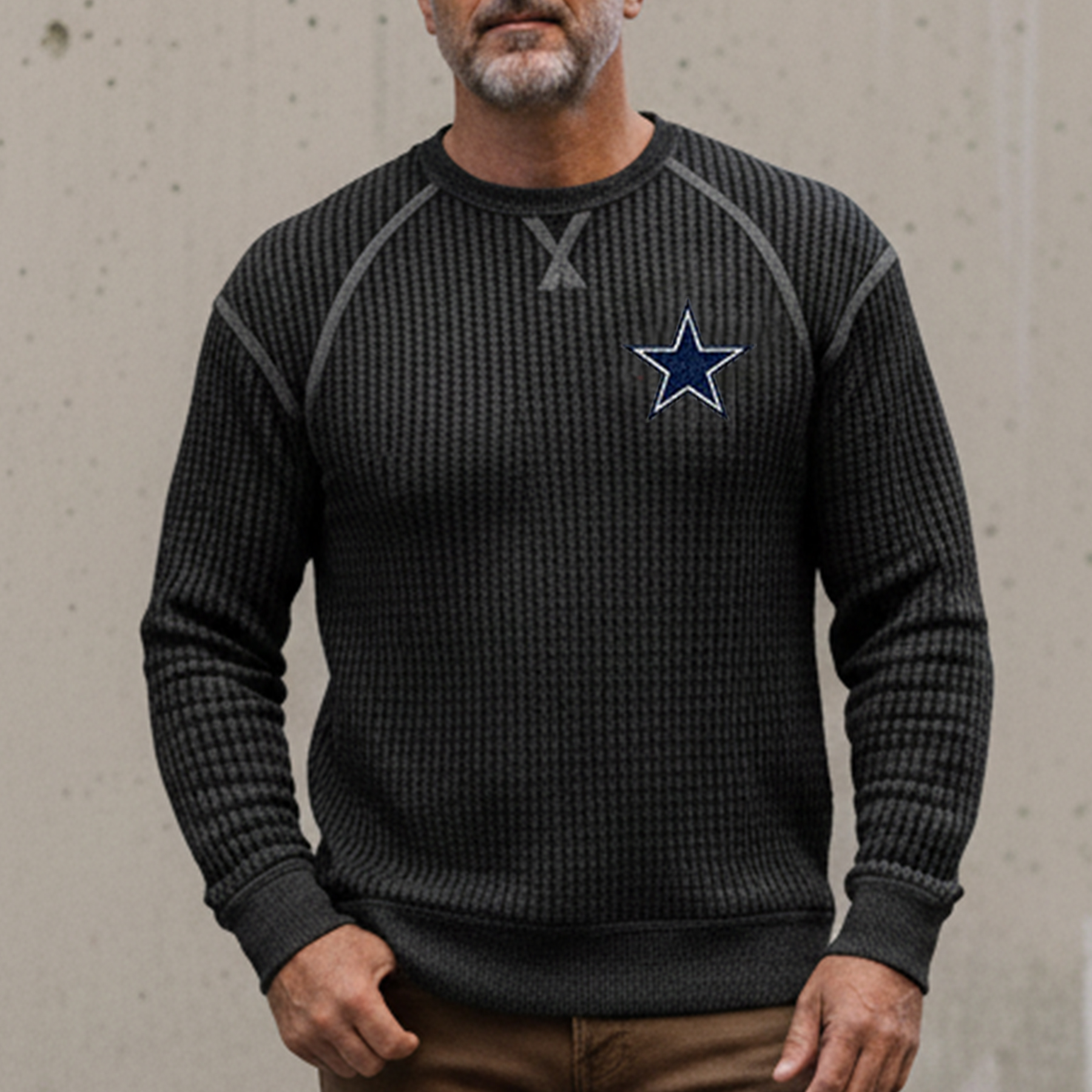 Men's Vintage Dallas Cowboys  Western Cowboy Waffle Knit Crew Neck Long Sleeve Sweatshirt