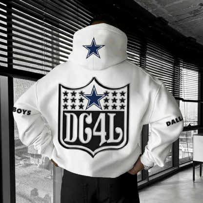"DC4L" Stars and Logo Crest White Oversized Hoody