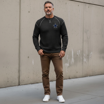 Men's Vintage Dallas Cowboys  Western Cowboy Waffle Knit Crew Neck Long Sleeve Sweatshirt
