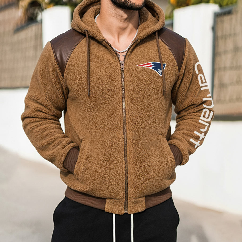 New England Patriots Retro Fleece Color Block Leather Turtleneck Hooded Jacket