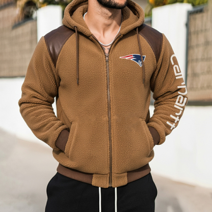 New England Patriots Retro Fleece Color Block Leather Turtleneck Hooded Jacket