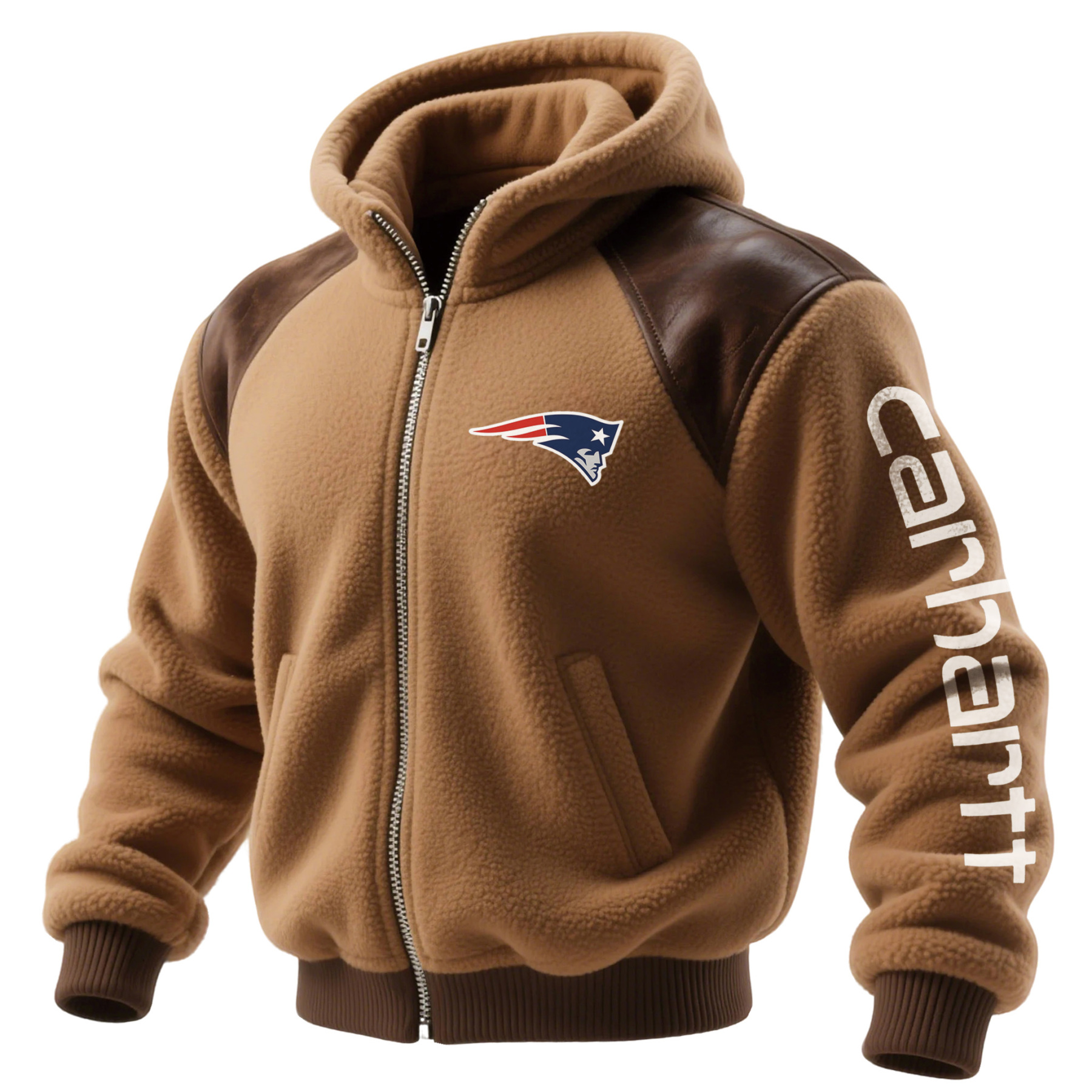 New England Patriots Retro Fleece Color Block Leather Turtleneck Hooded Jacket