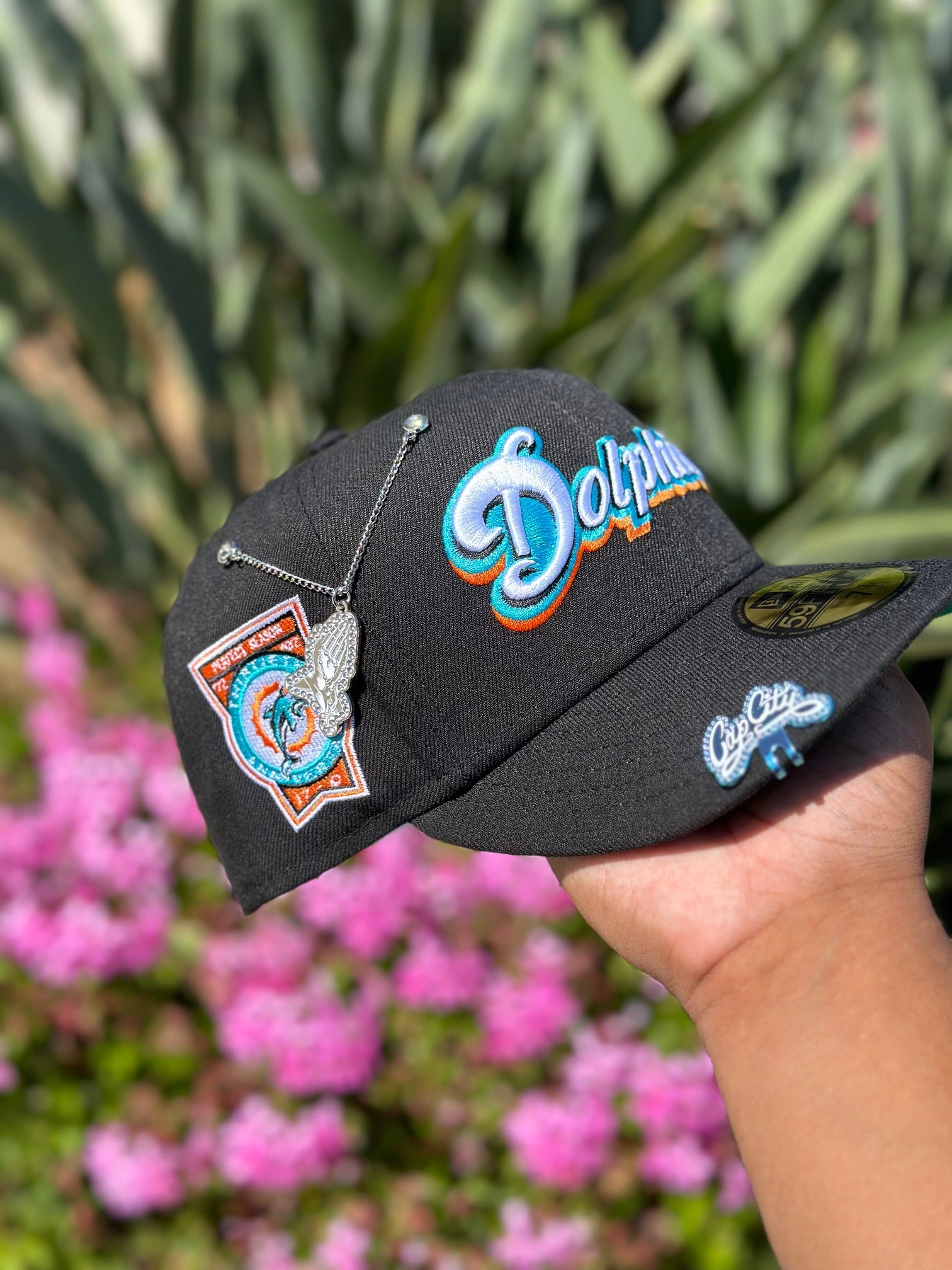 NEW ERA EXCLUSIVE 59FIFTY BLACK MIAMI DOLPHINS SCRIPT W/ 30TH ANNIVERSARY SIDE PATCH